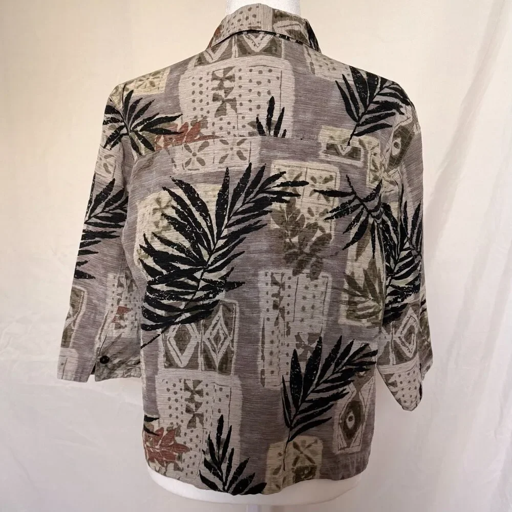 Vtg Chico's Design silk linen button down blouse size 1/M gray tropical leaf
